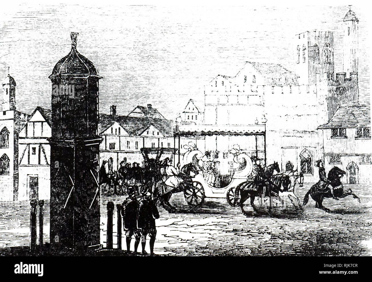 Une gravure représentant Cornhill dans l'époque d'Elizabeth I, montrant la Reine voyageant à travers dans un entraîneur. En date du 19e siècle Banque D'Images