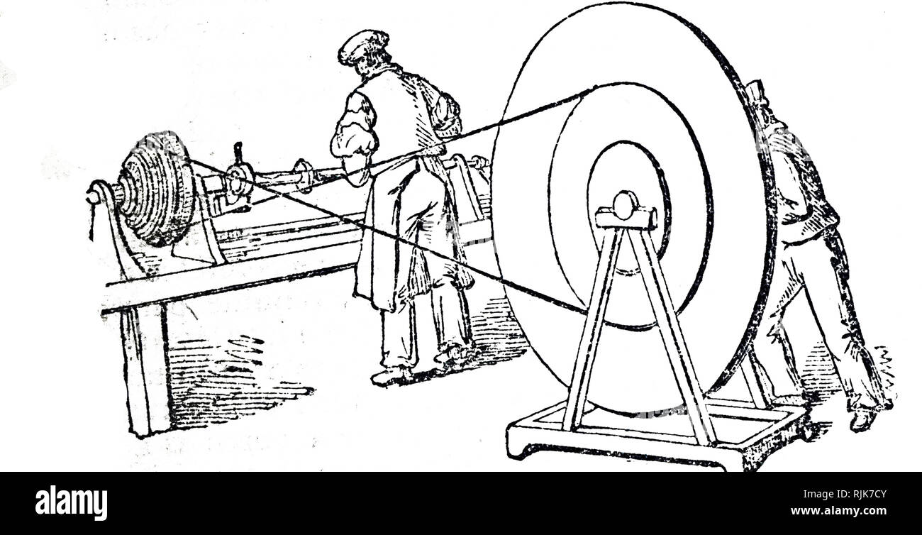 Une gravure représentant le tournage des fontes des boîtes d'essieu sur un tour pour les terminer. En date du 19e siècle Banque D'Images