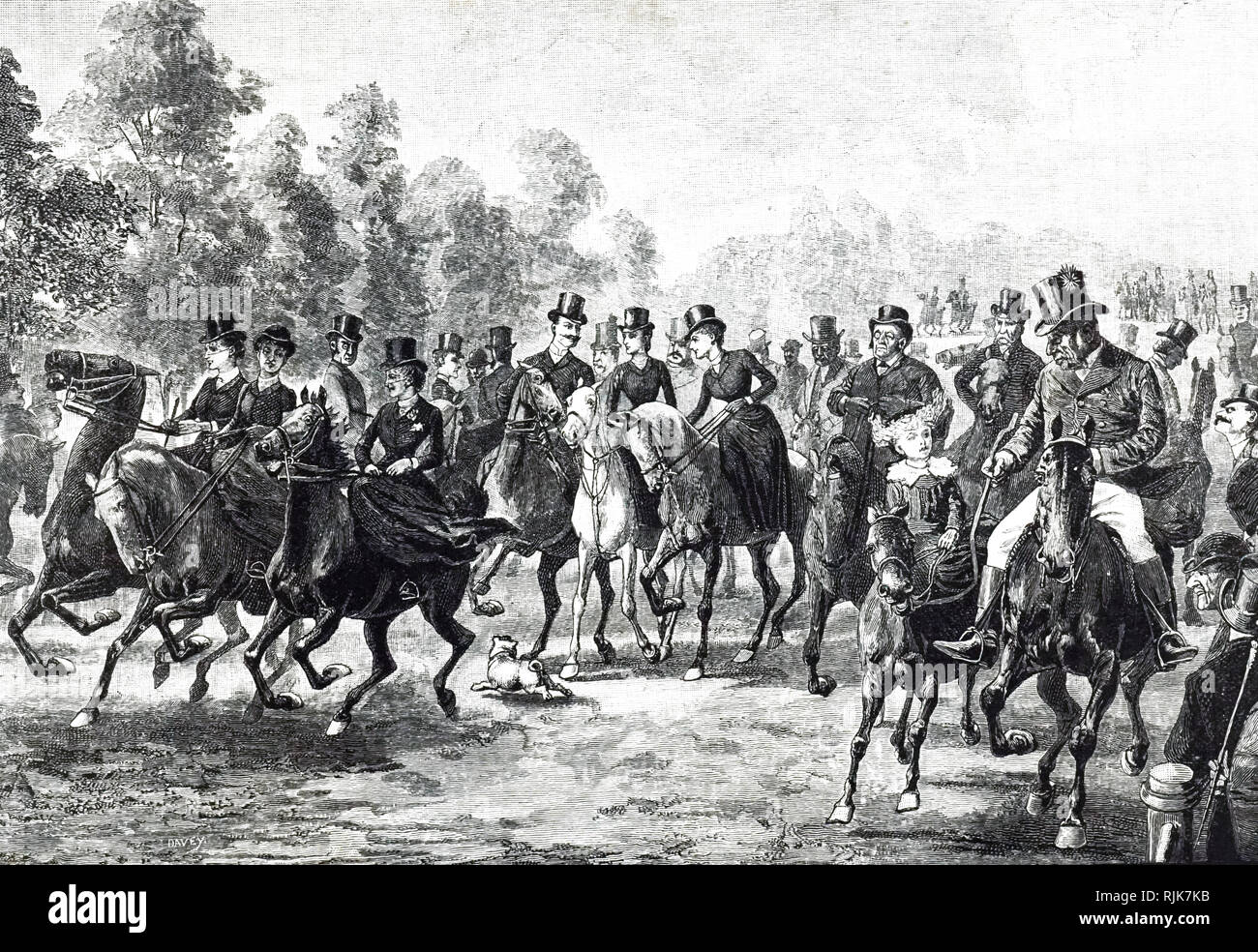 Une gravure représentant des hommes installés dans Rotten Row, Hyde Park, Londres. En date du 19e siècle Banque D'Images