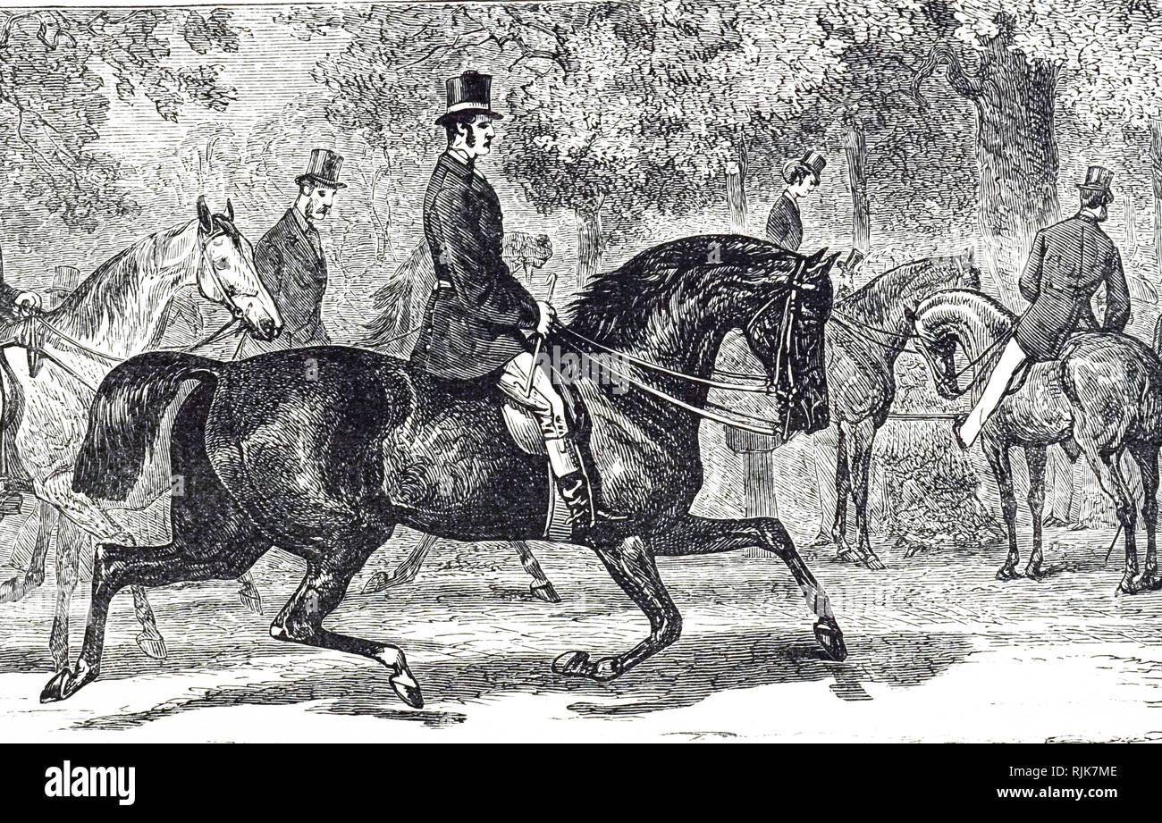 Une gravure représentant des hommes installés dans Rotten Row, Hyde Park, Londres. En date du 19e siècle Banque D'Images