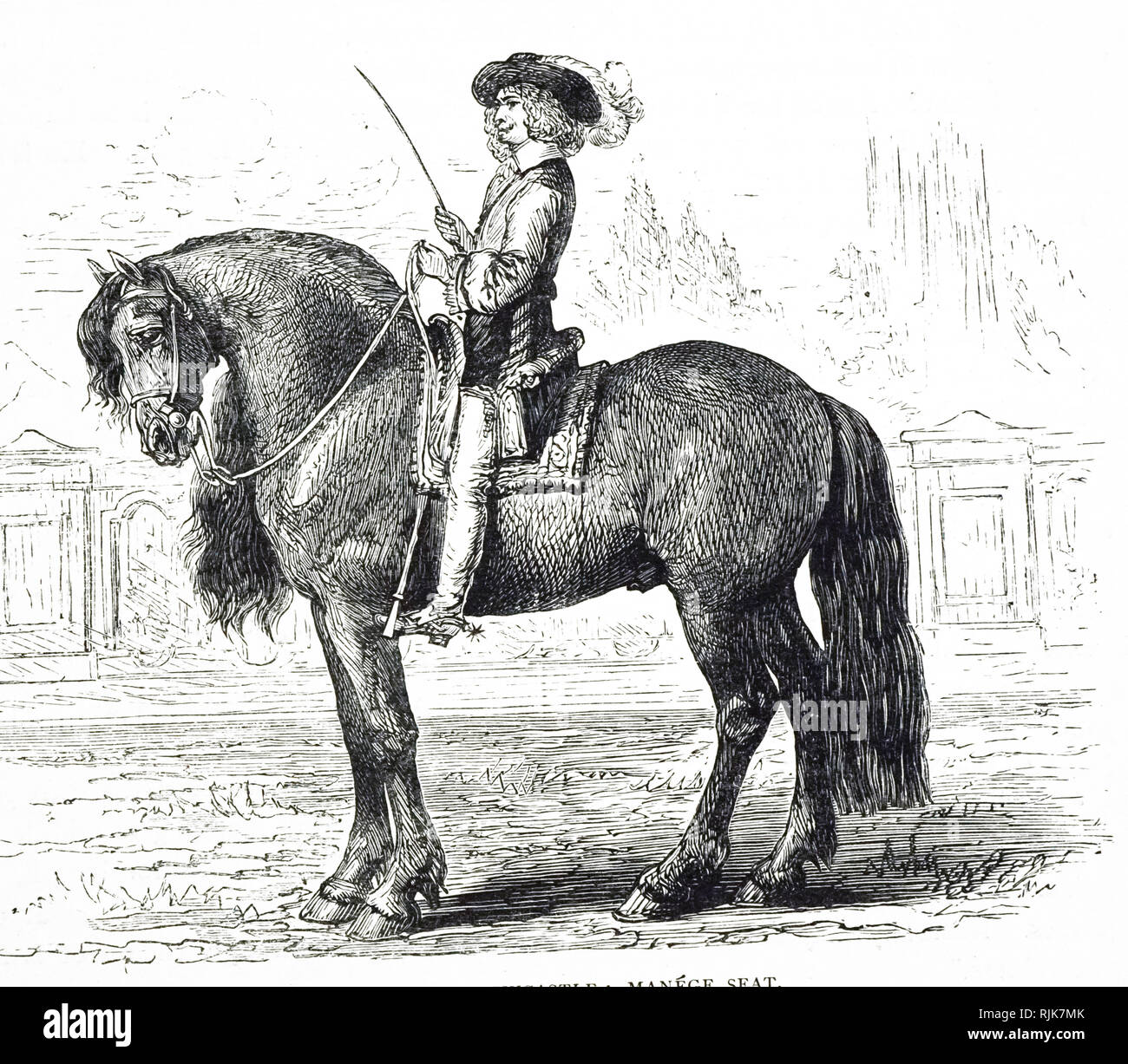 Une gravure représentant un gentilhomme du xviie siècle avec son cheval au trot. En date du 19e siècle Banque D'Images