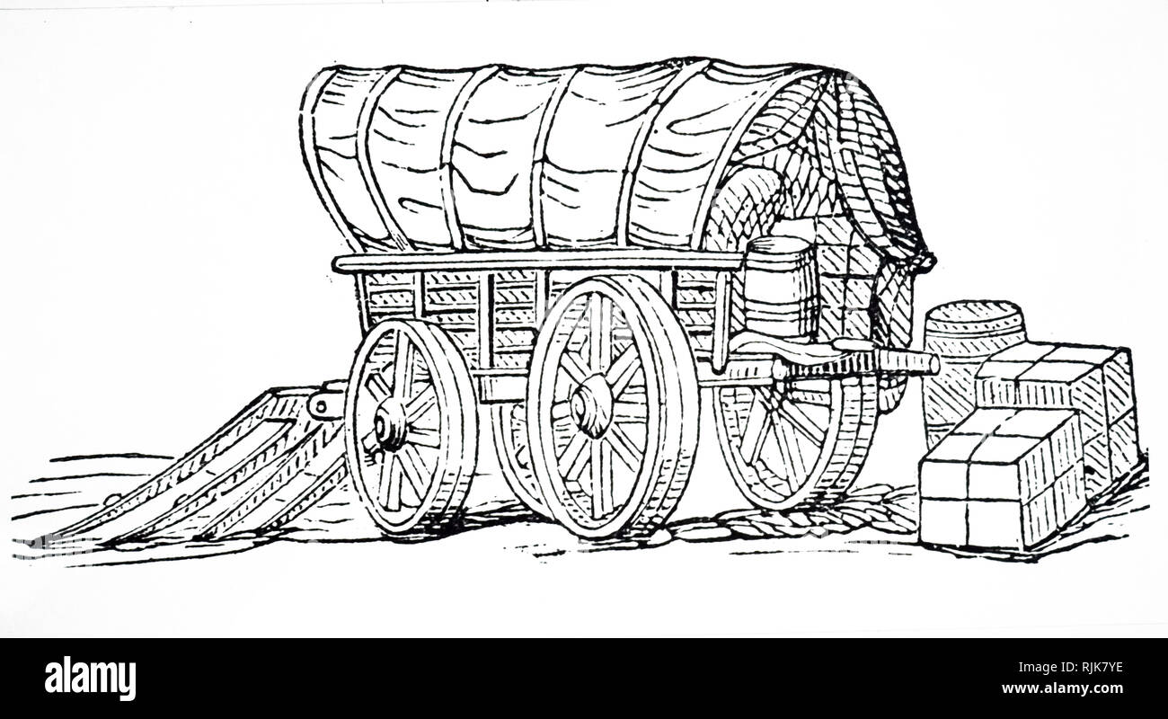 Une gravure représentant un transporteur's wagon couvert avec roues larges pour lui permettre de négocier les routes en mauvais état. En date du 19e siècle Banque D'Images