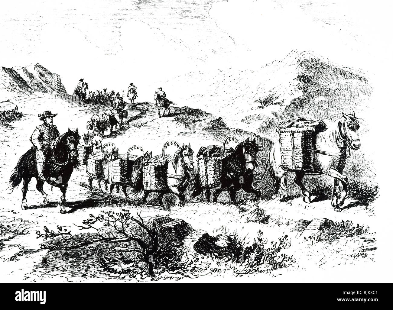 La reconstruction d'un artiste d'une 16ème siècle pack-cheval train. En date du 19e siècle Banque D'Images