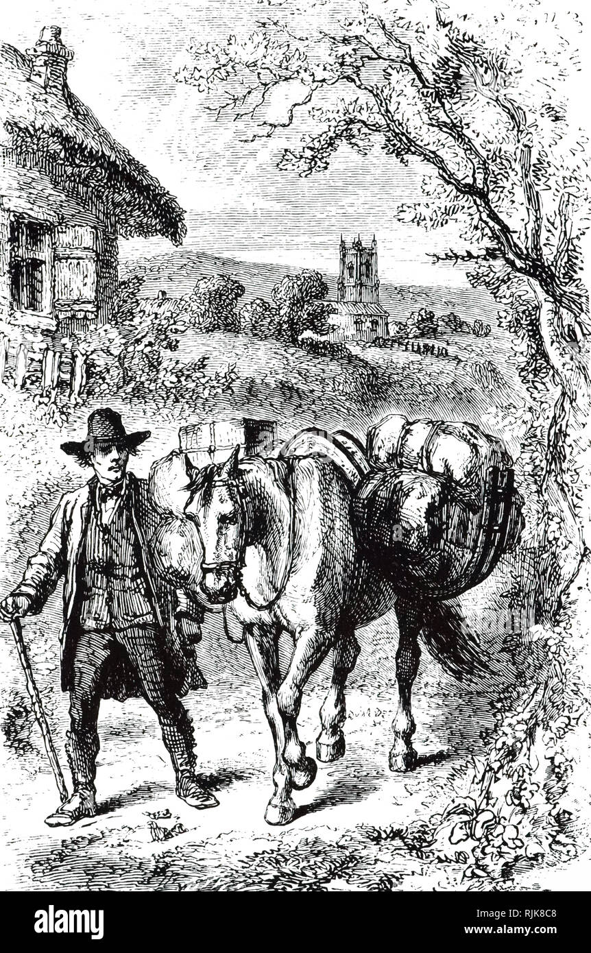 Une gravure représentant un cheval de bât transportant c'est charge sur Devonshire Crooks. En date du 19e siècle Banque D'Images