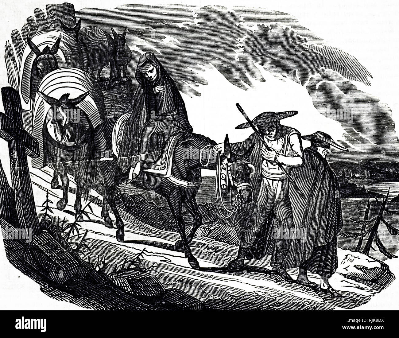 Une gravure représentant un pack-mule train en Espagne. En date du 19e siècle Banque D'Images