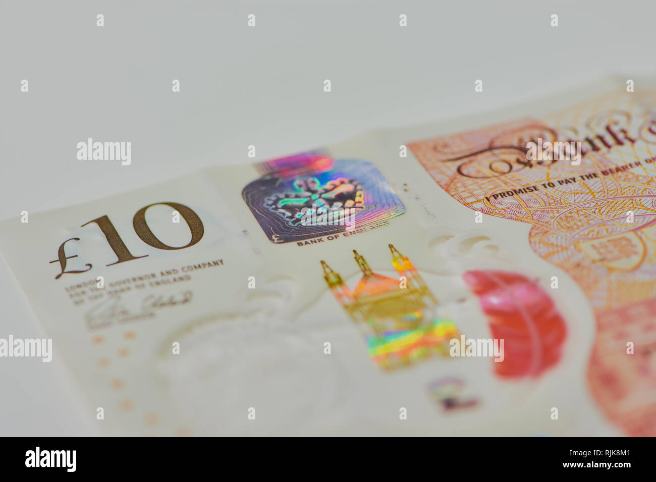 Macro photo de l'hologramme sur une note de dix livres Banque D'Images
