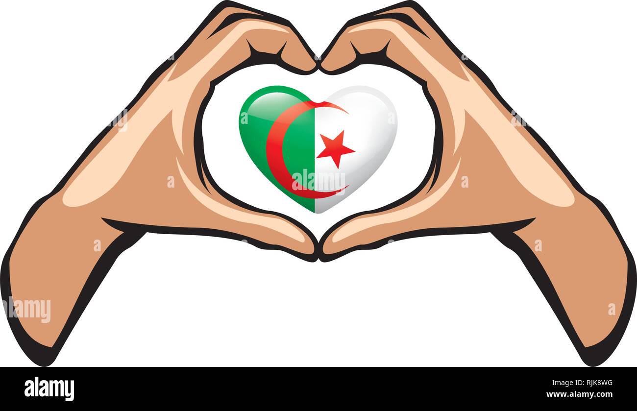 Page De Garde Algerie Drapeau de l'Algérie et de la main sur fond blanc. Vector illustration