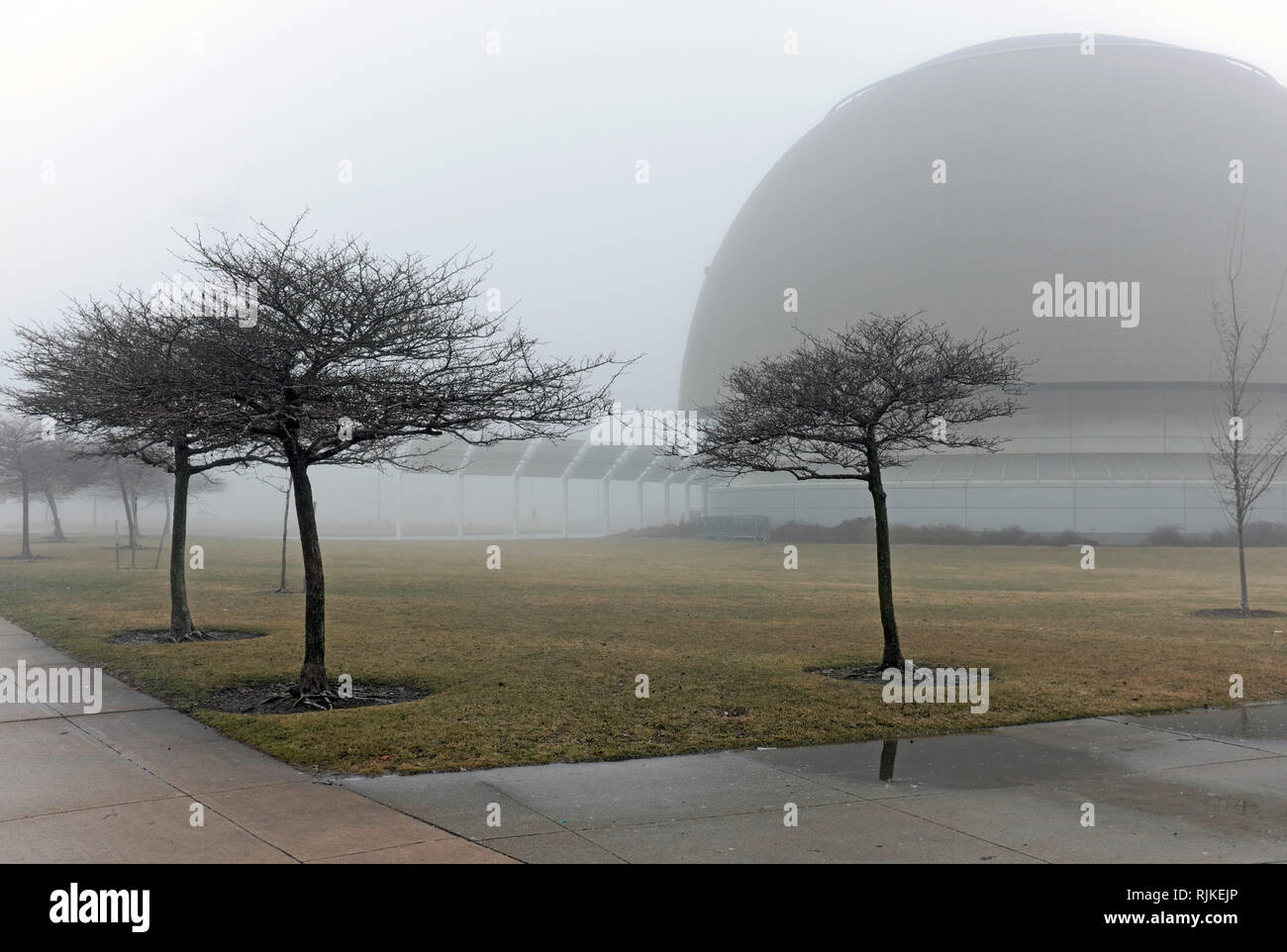 Cleveland, Ohio, USA. Feb 6, 2019. La Clinique de Cleveland IMAX Dome Theater à la Great Lakes Science Center de Cleveland Ohio USA, se distingue dans le brouillard enveloppé côte nord harbour paysage d'hiver. Credit : Mark Kanning/Alamy Live News. Banque D'Images