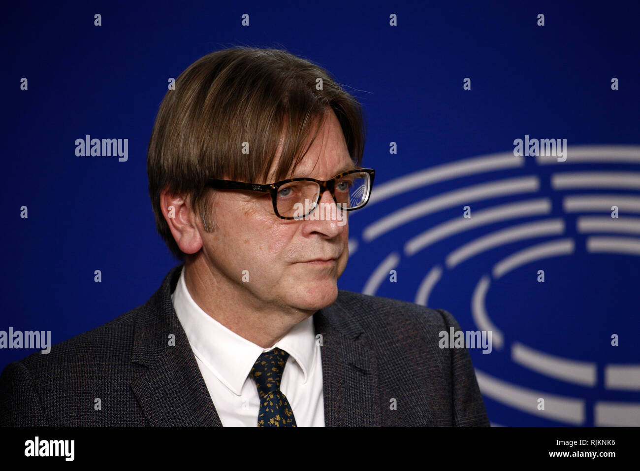 Bruxelles, Belgique. 7 Février, 2018. Président du Parlement européen, Antonio Tajani et négociateur Brexit Guy Verhofstadt donnera une conférence de presse à l'issue d'une réunion avec le Premier ministre britannique Theresa May. Credit : ALEXANDROS MICHAILIDIS/Alamy Live News Banque D'Images