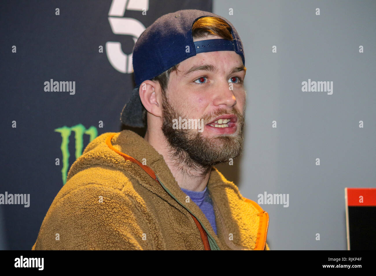 Newcastle, Royaume-Uni. 7 Février, 2019. Corey Browning prend aux questions des médias Crédit : Dan Cooke/Alamy Live News Banque D'Images