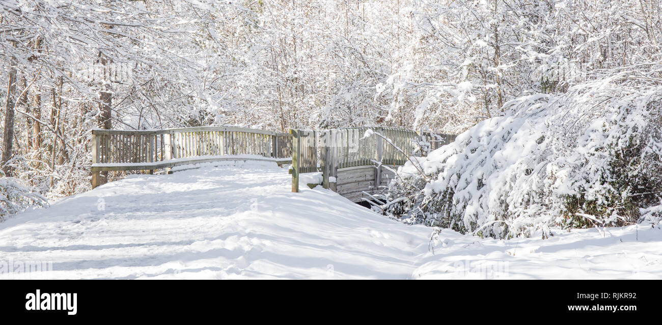 Un paysage pittoresque d'hiver d'un passage couvert de neige sur le pont un bel après-midi ensoleillé. Banque D'Images