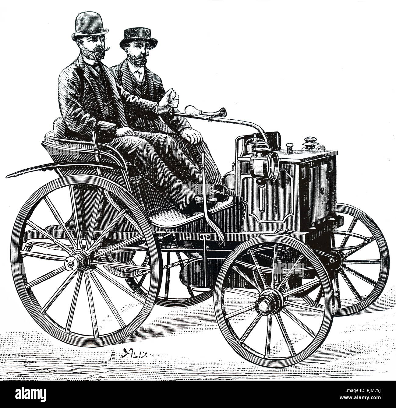 Une gravure représentant Panhard et Levassor dans leur voiture à 4 roues qui était alimenté par un moteur essence Daimler. En date du 19e siècle Banque D'Images