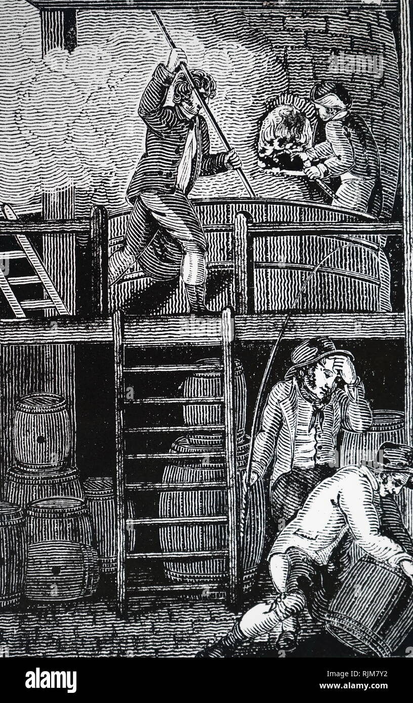 Une gravure représentant des hommes travaillant dans une brasserie. En date du 19e siècle Banque D'Images