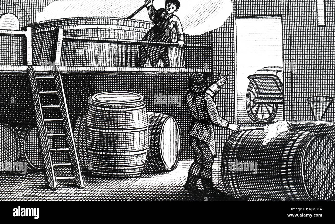 Une gravure représentant des hommes travaillant dans une brasserie. En date du 19e siècle Banque D'Images