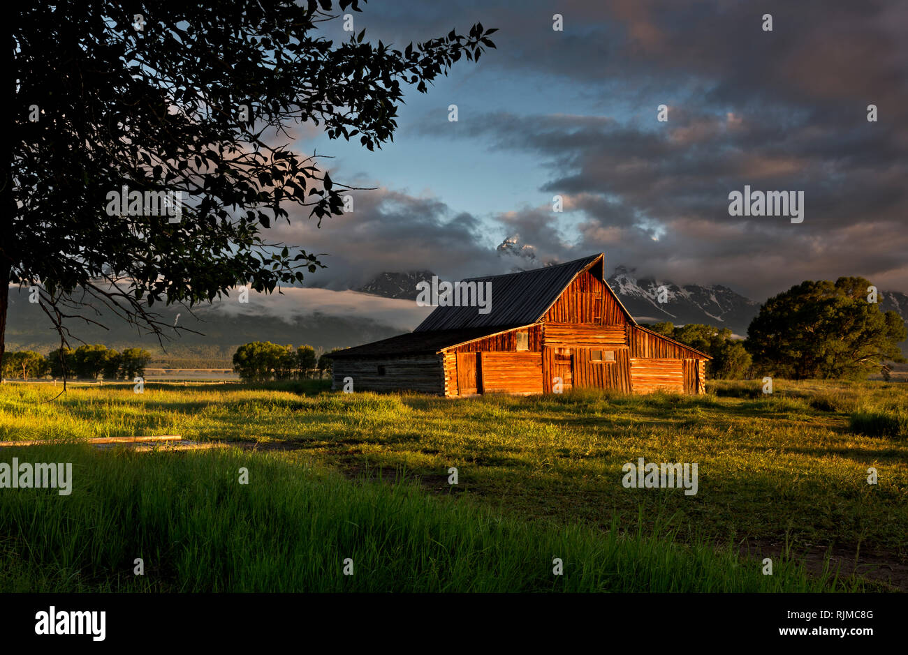 WY03315-00...WYOMING - grange historique sur Mormon Row avec le Grand Teton coller au-dessus des nuages au lever du soleil dans le Grand Teton National Park. Banque D'Images