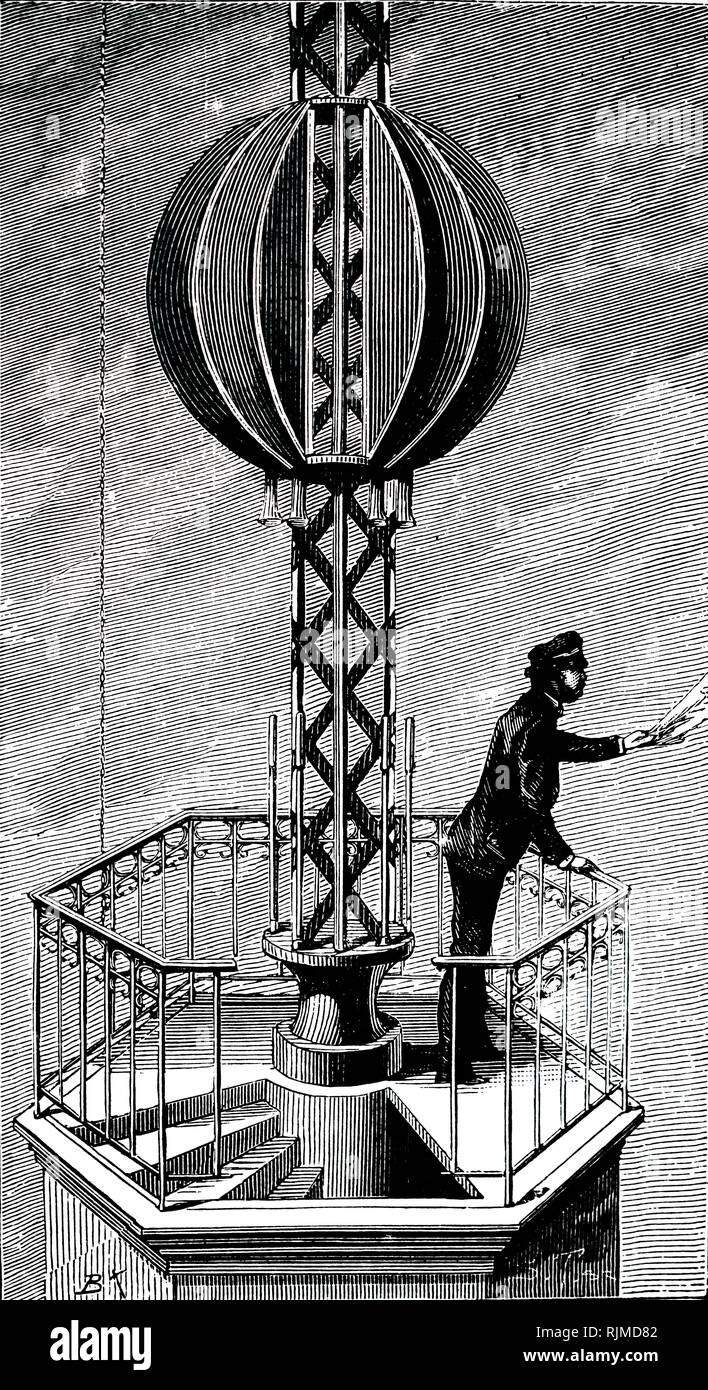 Illustration montrant la boule de temps, New York. La descente de la balle est contrôlée automatiquement par un signal de l'Observatoire de Washington 360 km de là. Le but de ces boules de temps était de permettre au public de mettre leurs montres et chronomètres de précision. 1883 Banque D'Images