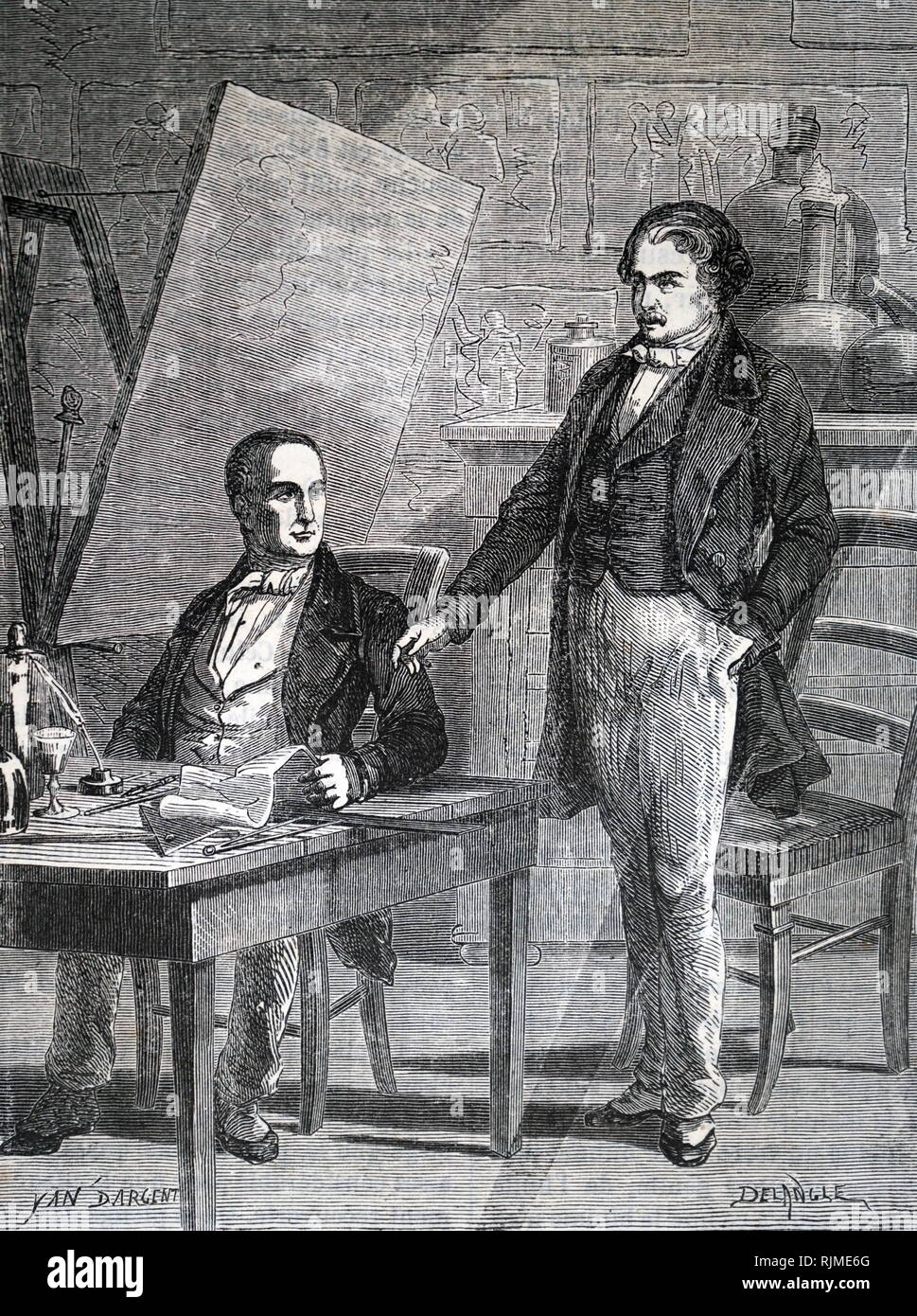 Illustration montrant Joseph Nicéphore Niepce (1765-1833), gauche, et Louis Daguerre (1787-1851) qui s'associe en 1829 pour exploiter la découverte de Niepce comment fixer une camera obscura image sur une plaque de métal. Banque D'Images