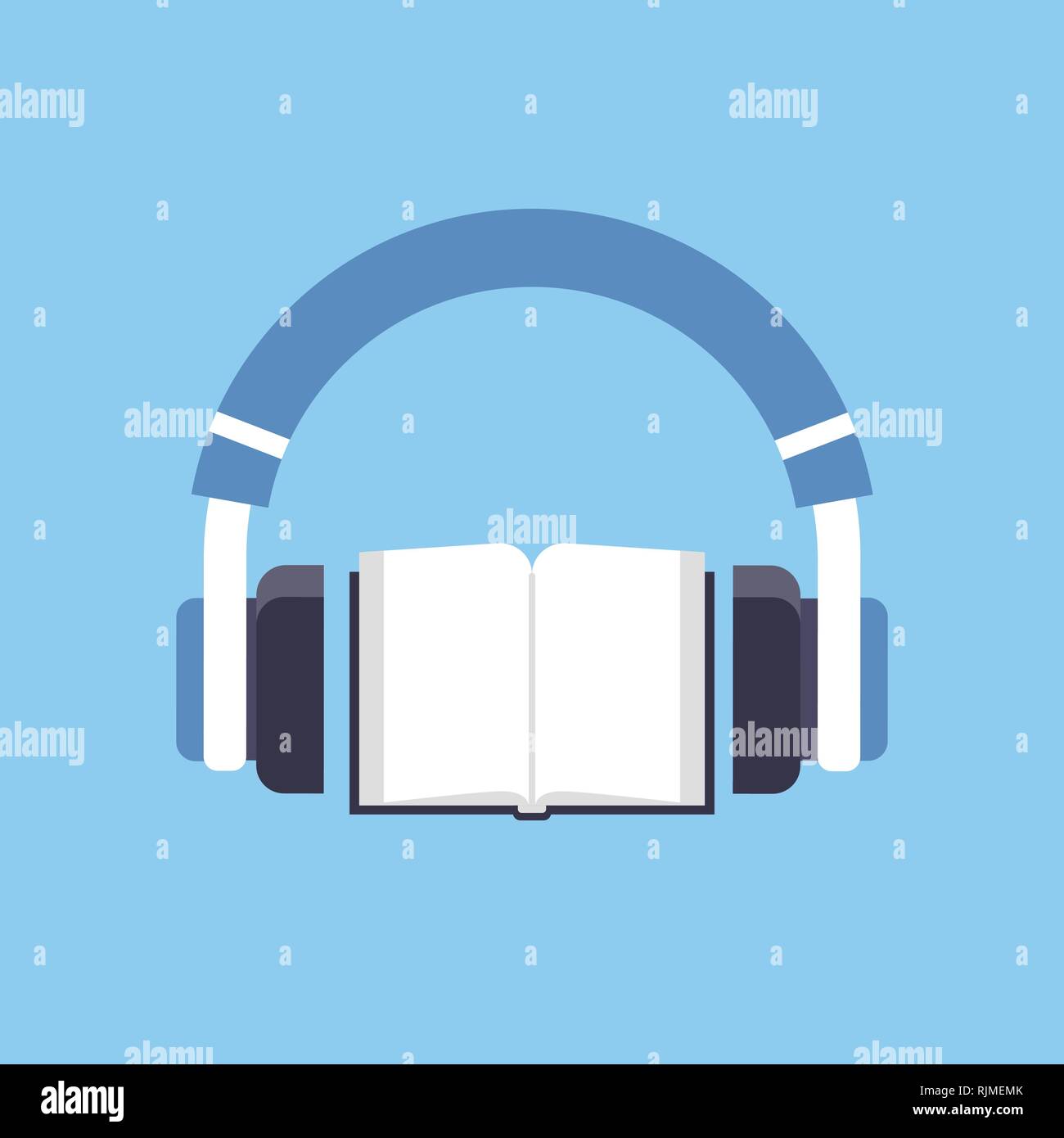 Plus de casque livre audio livre audio livre ouvert l'enseignement à distance e-learning concept fond bleu Illustration de Vecteur