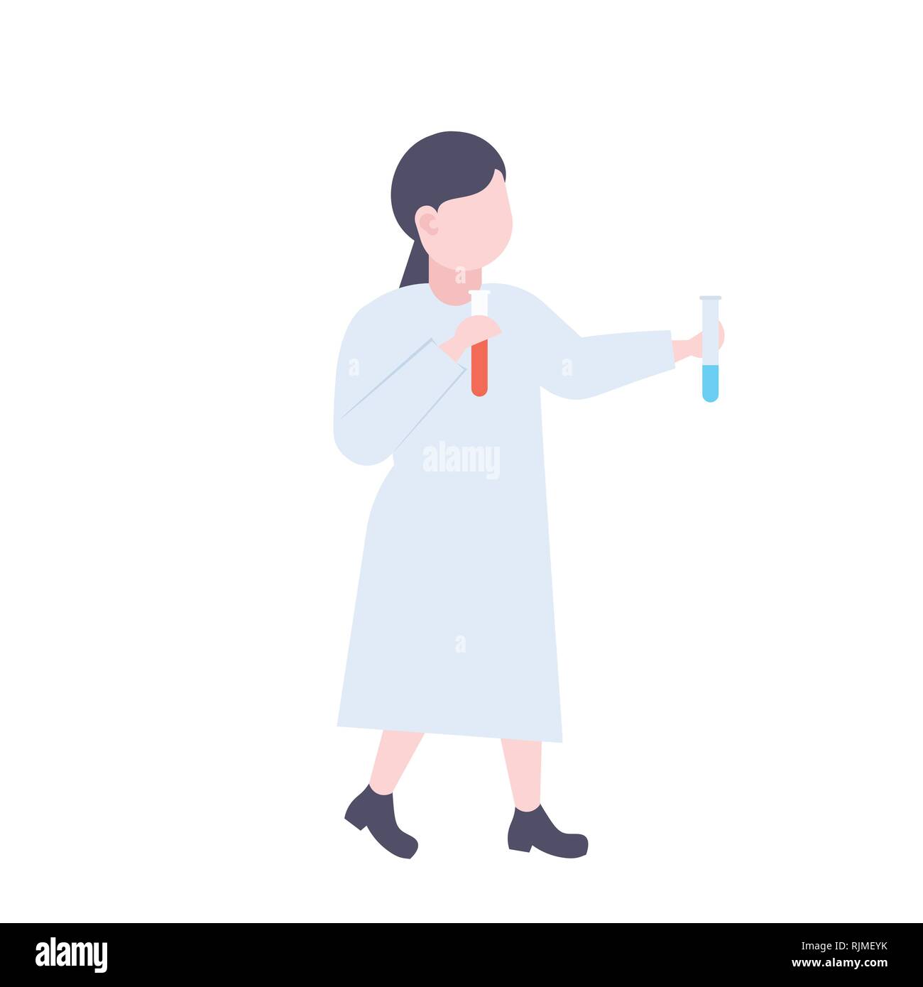 Female scientist holding test tube avec un liquide rouge et bleu femme travaillant au laboratoire de chimie adjoint travailleur médical occupation professionnelle Illustration de Vecteur