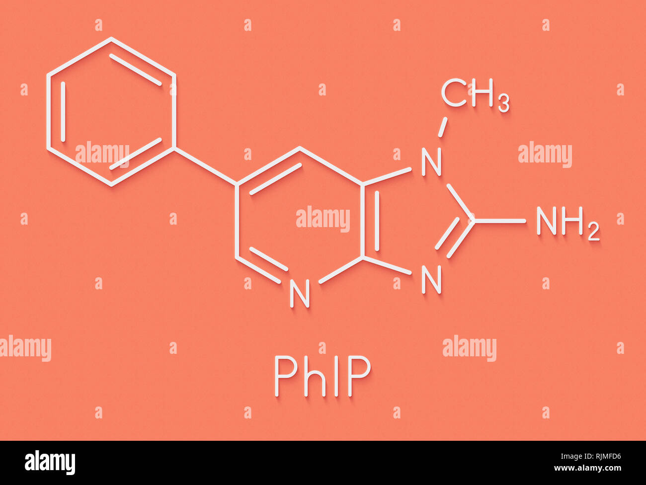 PhIP ou 2-Amino-1-méthyl-6-phenylimidazo(4,5-b)pyridine molécule. Amine hétérocyclique présents dans la viande cuite. Formule topologique. Banque D'Images