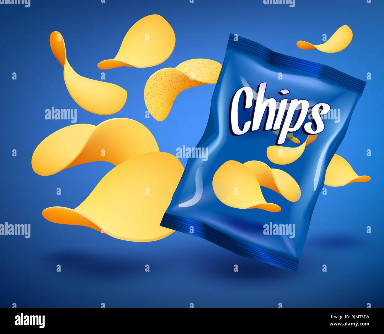 Blue Chips maquette paquet jaune avec des collations croustillantes, concept de publicité Illustration de Vecteur Blue Chips maquette paquet jaune avec des collations croustillantes, concept de publicité Illustration de Vecteur