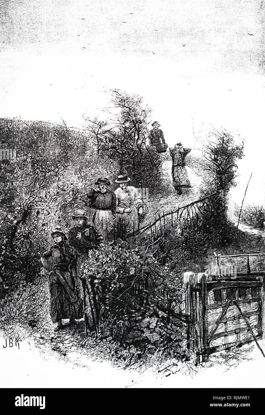 Une gravure représentant les femmes de l'East End londonien, Rassemblement pour la journée de travail dans un champ de houblon du Kent. 1887 Banque D'Images Une gravure représentant les femmes de l'East End londonien, Rassemblement pour la journée de travail dans un champ de houblon du Kent. 1887 Banque D'Images