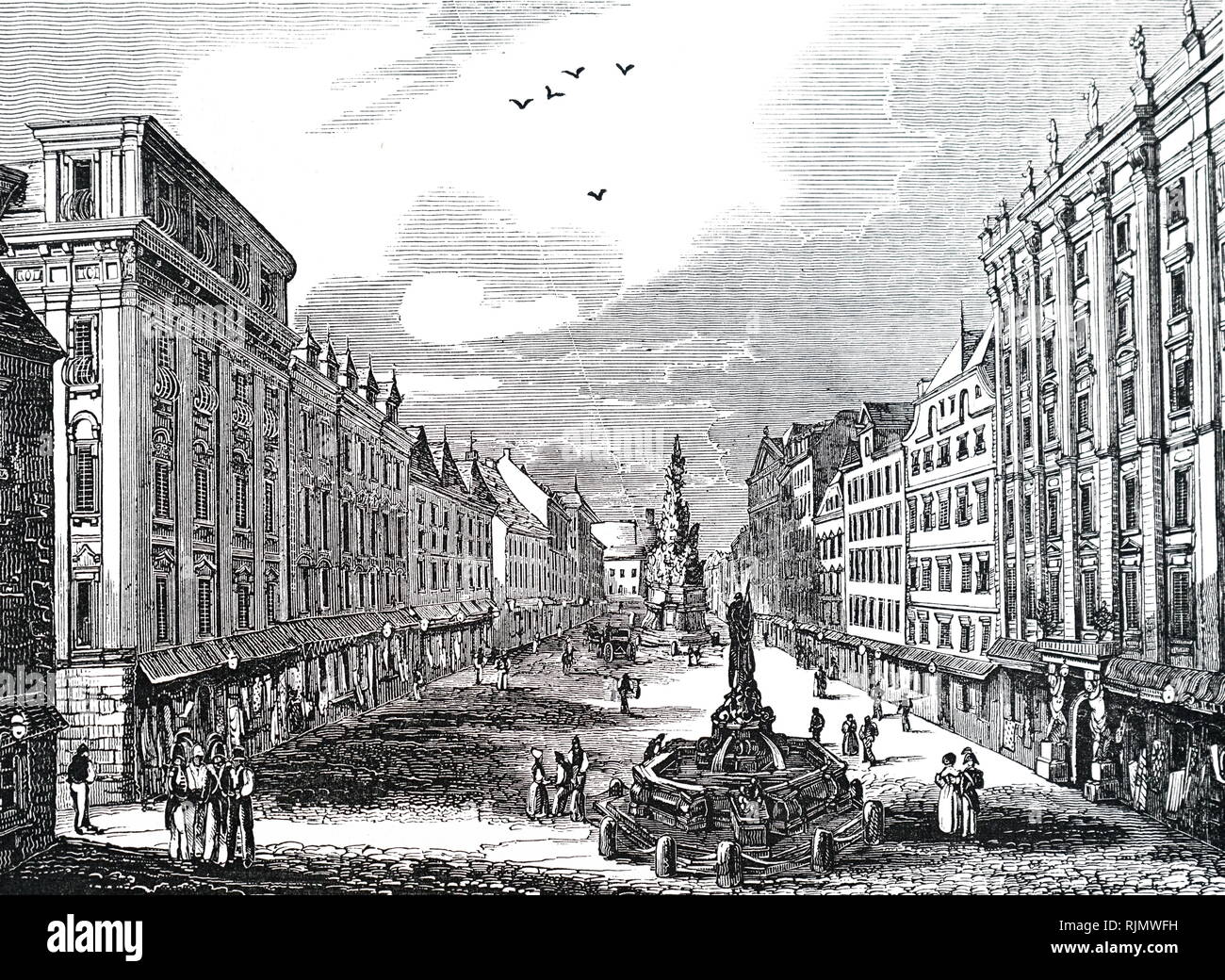 Une gravure illustrant le Graben, une des rues les plus célèbres dans le premier arrondissement de Vienne, le centre-ville 1834 Banque D'Images