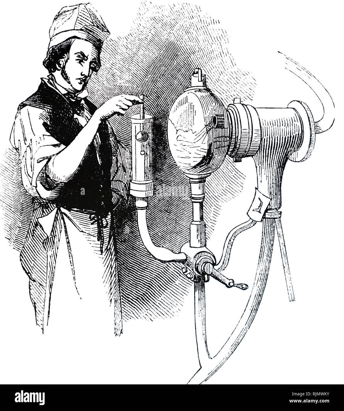 Une gravure représentant la mesure de la gravité spécifique de l'alcool avec un densimètre. 1842 Banque D'Images