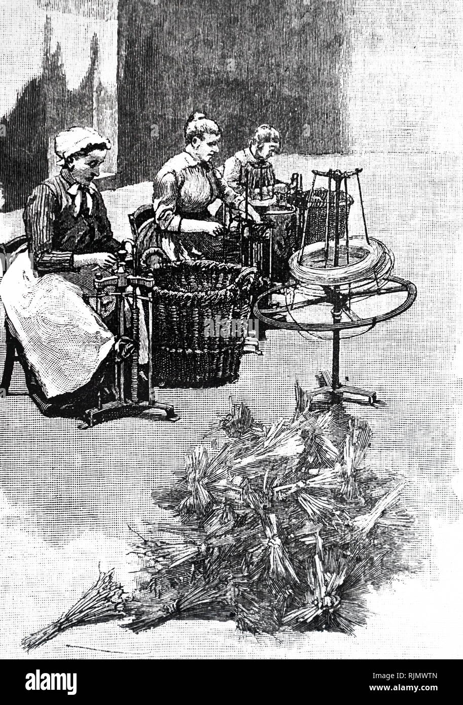 Une gravure représentant de couper les fils pour bouchons à Champagne Pommery & Greno's, Reims, France. 1889. Banque D'Images