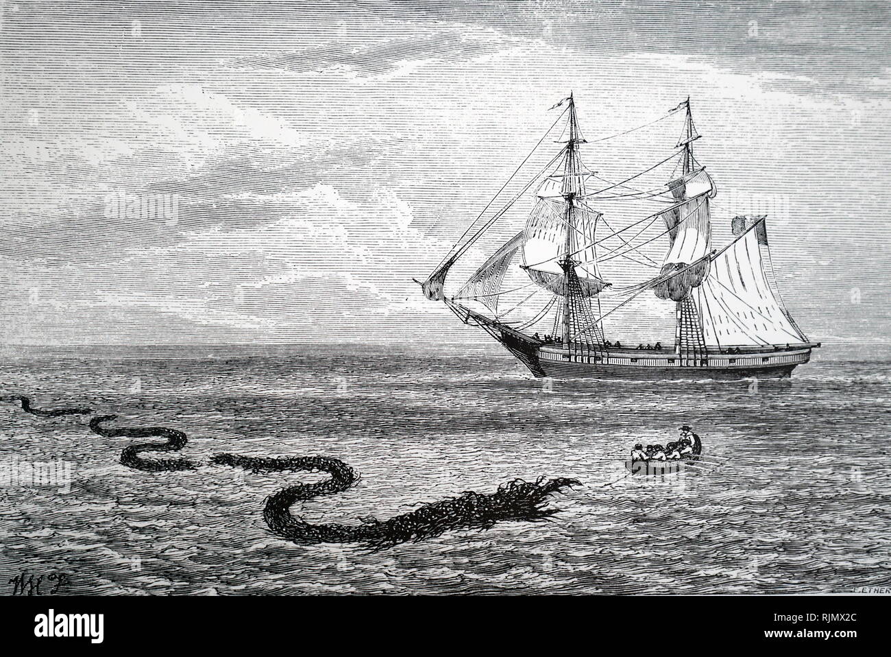 Une gravure représentant énorme accumulation de mauvaises herbes de mer qui ressemble à un serpent de mer. observée par Frédéric Smith près de Mouline, en Birmanie, vliile navigation dans le navire français, 1870 Banque D'Images