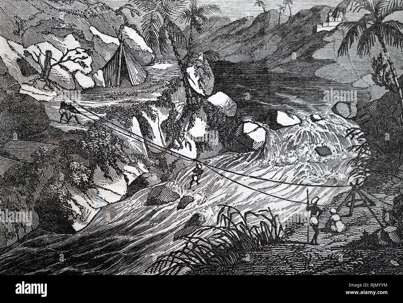 Illustration montrant une corde primitive suspension bridge étant utilisés pour traverser un torrent de montagne en Inde 1835 Banque D'Images