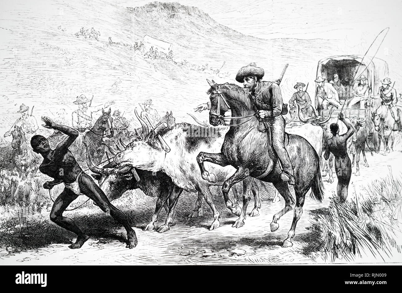 Illustration montrant l'Agitation dans Bechuianaland (Botswana) : perception des Boers sur illégale de trader's de wagons. Cecil Rhodes a aidé à faire beaucoup de Bechuanaland pour la Grande-Bretagne, en opposition à la République du Transvaal. Au cours de la ruée sur l'Afrique le territoire du Botswana a été convoitée par l'Allemagne et la Grande-Bretagne. Au cours de la Conférence de Berlin, la Grande-Bretagne a décidé d'annexer le Botswana afin de protéger la route vers le nord et donc brancher la Colonie du Cap, à ses territoires plus au nord. Il a unilatéralement annexé Tswana territoires en janvier 1885 Banque D'Images