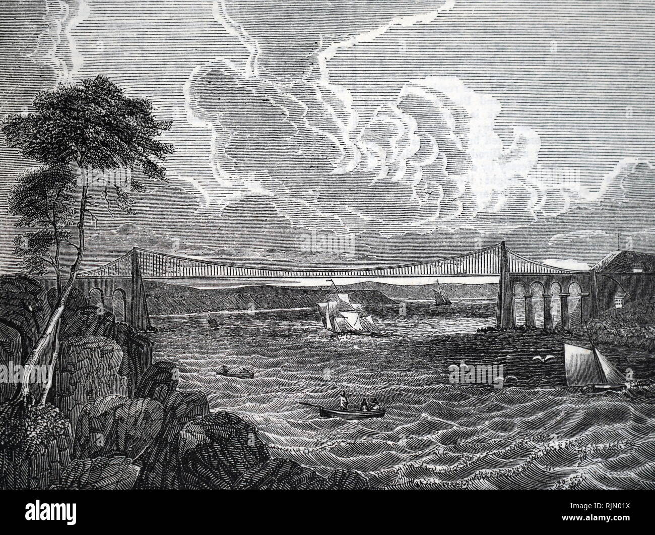 Illustration du pont suspendu de Menai de Telford. Détail d'un grand journal sans date. Banque D'Images