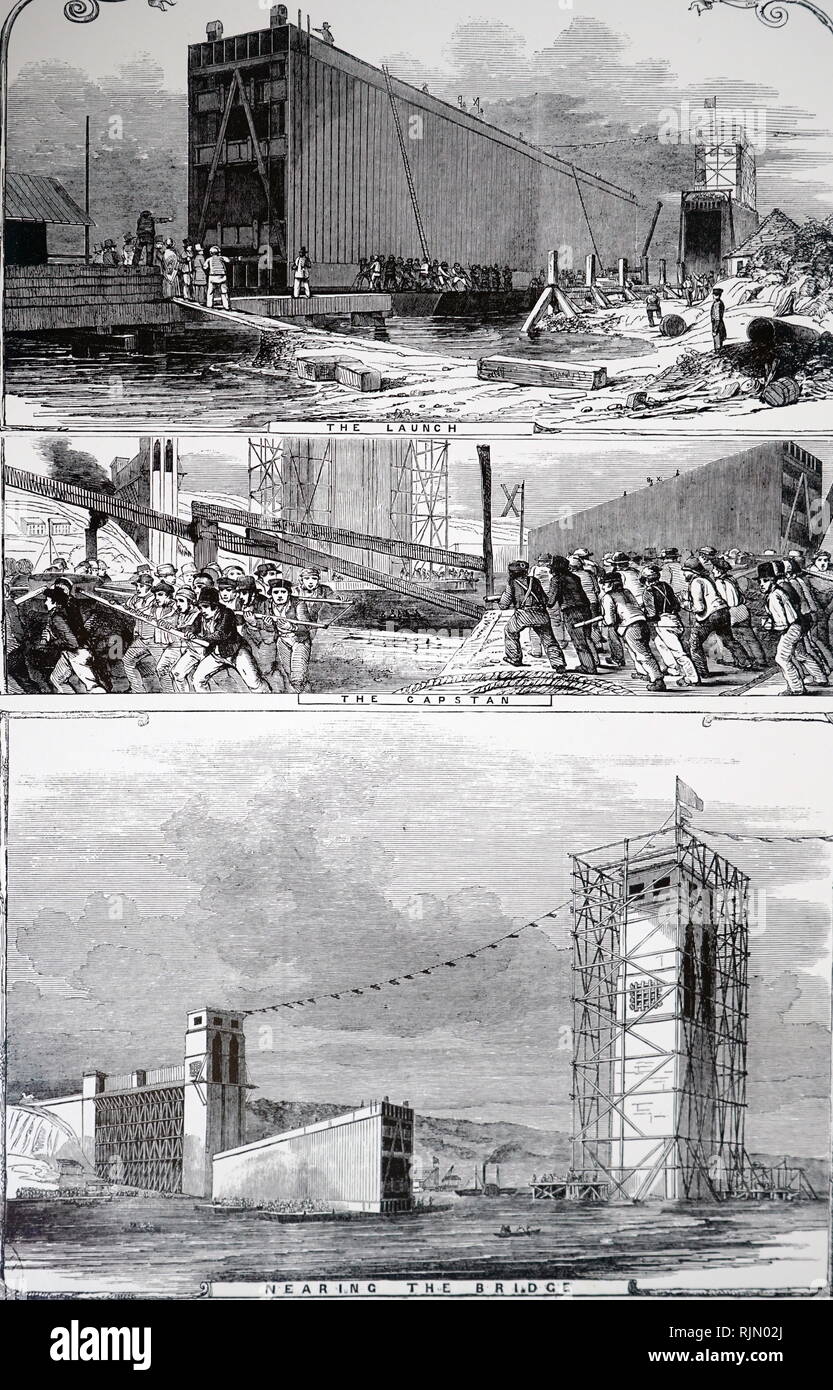 1849, l'illustration montrant le pont tubulaire Britannia : lancement du tube principal. Le tube a été introduite à la base de la maçonnerie des piles, puis mises en place. Commencé par Robert Stephenson en 1846, le pont a été ouvert le 18 mars 1850. Banque D'Images