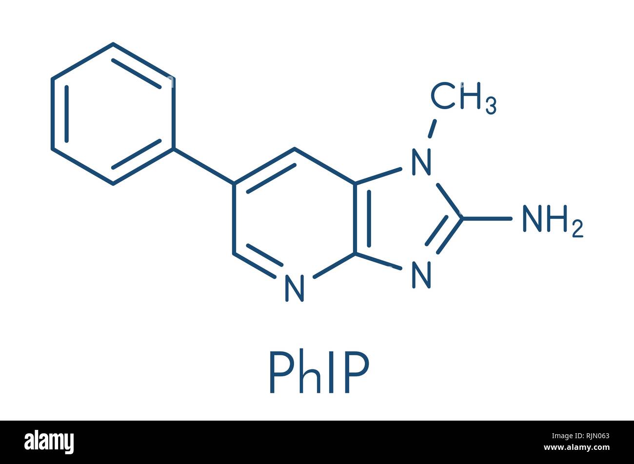PhIP ou 2-Amino-1-méthyl-6-phenylimidazo(4,5-b)pyridine molécule. Amine hétérocyclique présents dans la viande cuite. Formule topologique. Illustration de Vecteur
