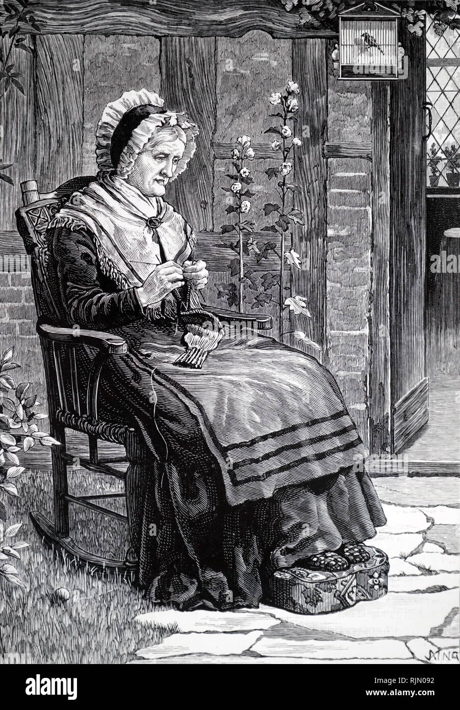 Illustration montrant le tricot sur quatre aiguilles. Londres, 1883. La vieille dame porte un bonnet et a ses pieds sur un tabouret, tandis que son oiseau de compagnie est suspendu par la porte. Banque D'Images