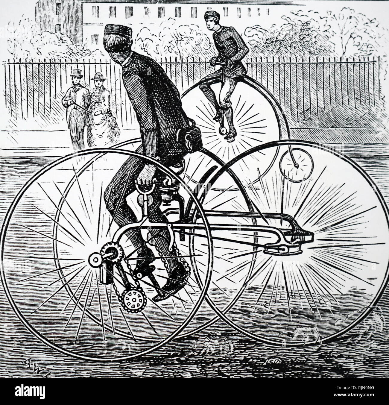 Illustration montrant l'aide d'un tricycle Quadrant mécanisme de transmission par chaîne 1884 Banque D'Images