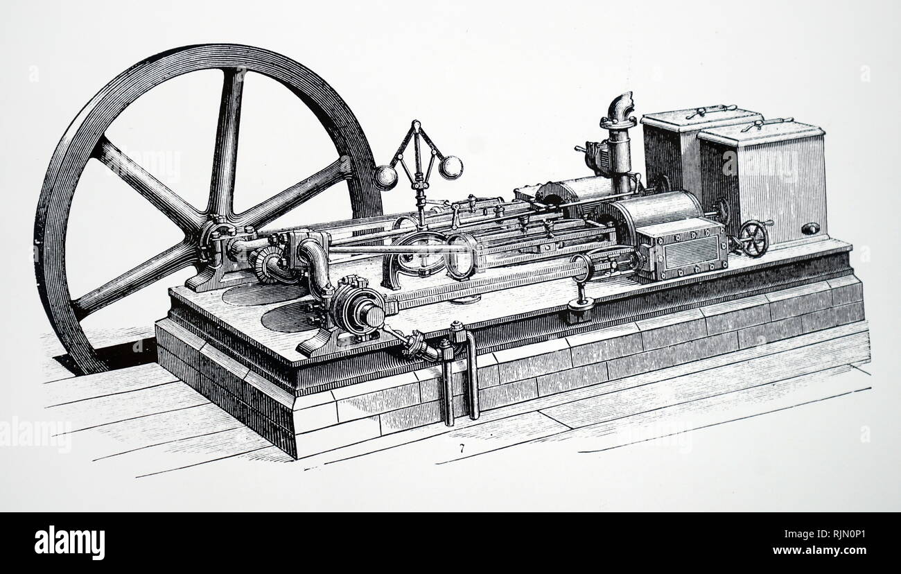 Illustration de machine à vapeur horizontale bousculer gouverneur et volant moteur 1888 Banque D'Images