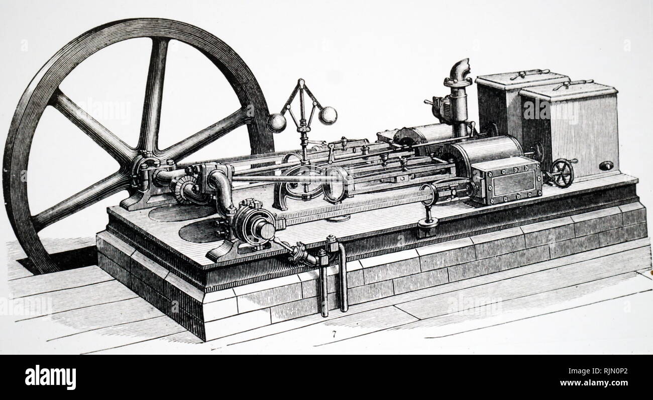 Illustration de machine à vapeur horizontale bousculer gouverneur et volant moteur 1888 Banque D'Images