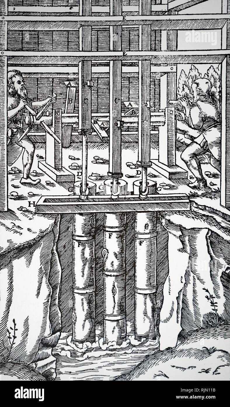 Illustration de chantiers d'égouttage avec banque de trois pompes d'aspiration. En tant qu'hommes tourner l'arbre les cames, B, connecter avec les poussoirs, A, sur tiges de piston. 'De Agricola De re metallica", Bâle, 1556. Banque D'Images