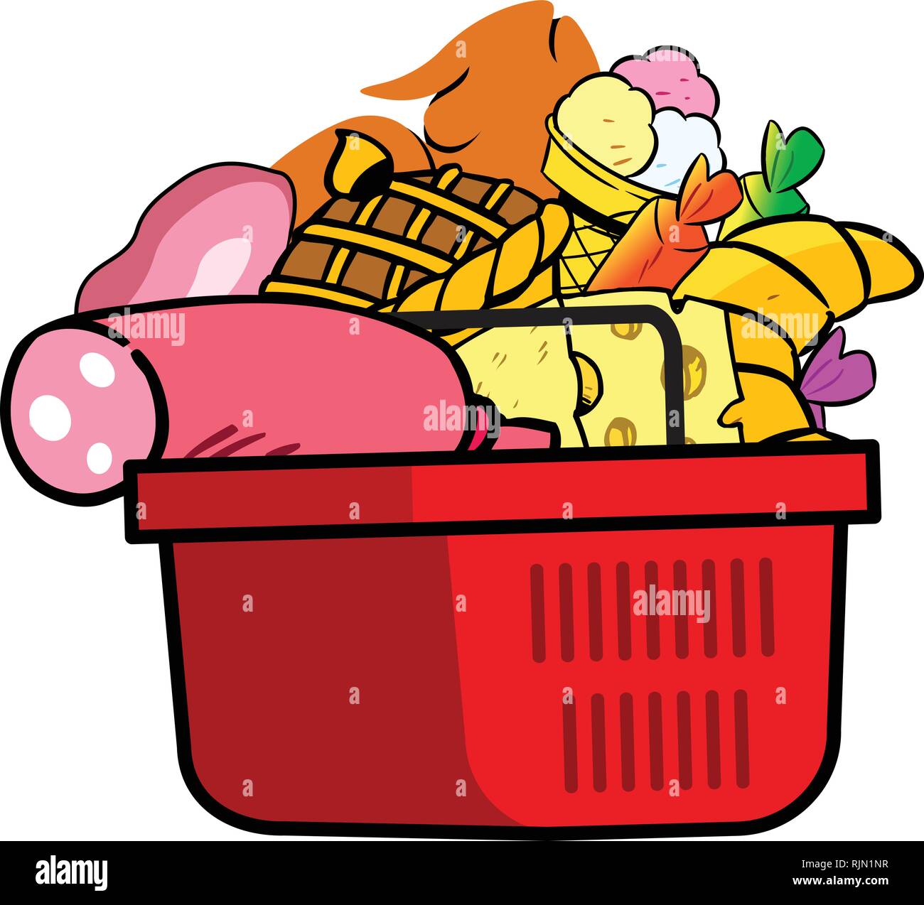 Vector illustration avec panier d'épicerie et produits isolé sur fond blanc. Illustration de Vecteur