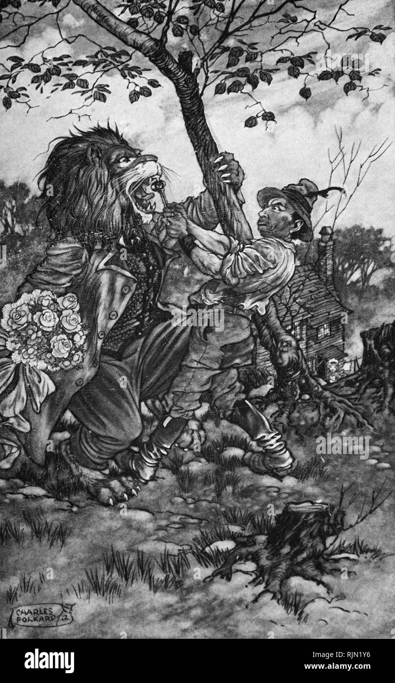 Illustration "Le Lion Amoureux" d'une édition du début du xxe siècle d'Ésope fables. Banque D'Images