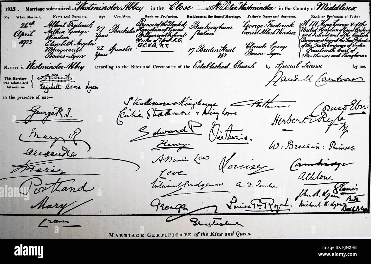 Certificat de mariage du duc et de la duchesse d'York (futur roi George VI et La Reine Elizabeth), 1923 Banque D'Images
