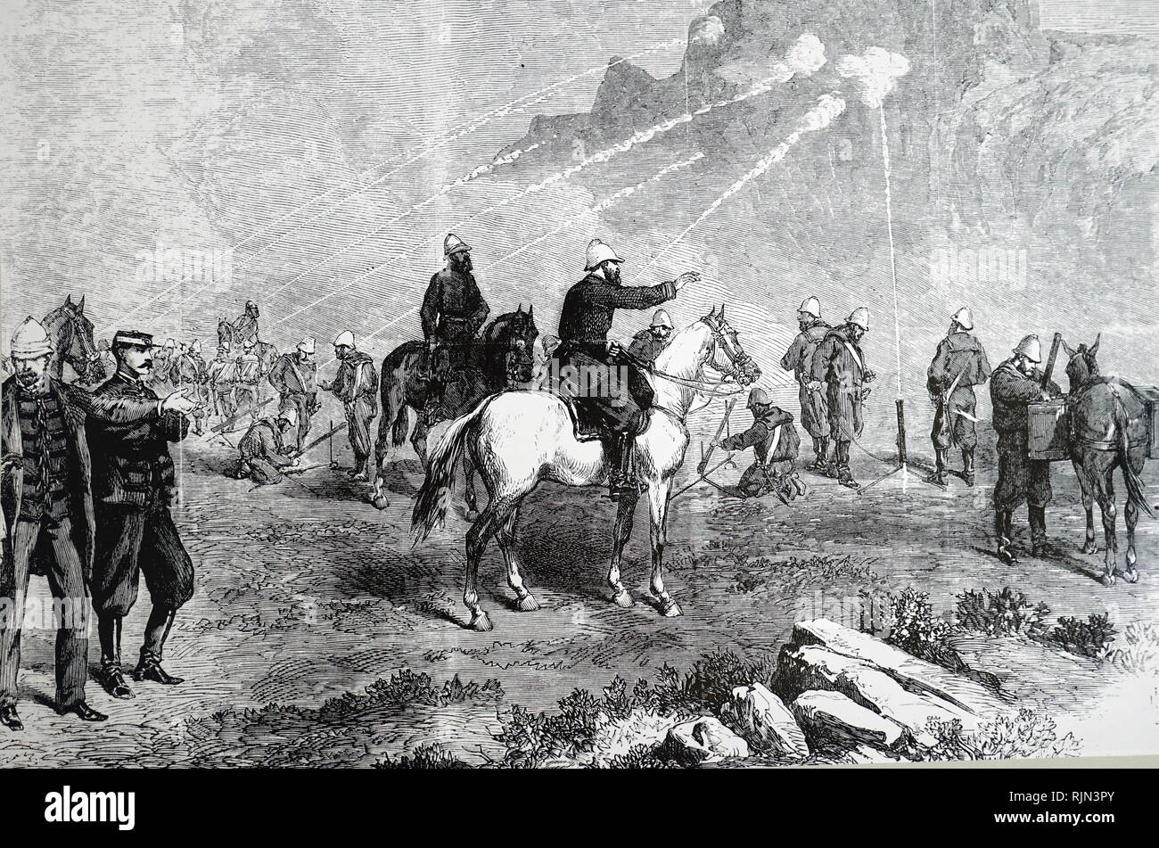 Illustration montrant l'Abyssin Expedition : Royal Naval Brigade Rocket en action. 1868. Banque D'Images