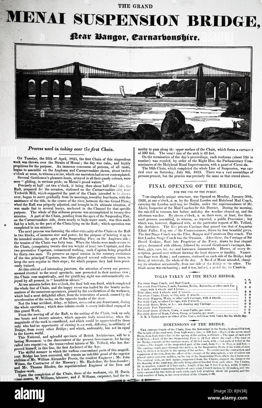 Illustration du journal sans date sur le pont suspendu de Menai de Telford. Le bois d'origine de pont Le pont a été détruit par une tempête en 1839 et a dû être remplacé par un plus lourd. Banque D'Images