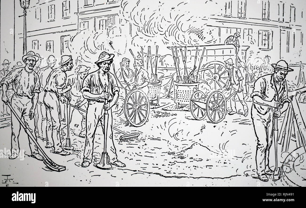 Illustration montrant l'asphaltage d'une rue de Londres 1889 Banque D'Images
