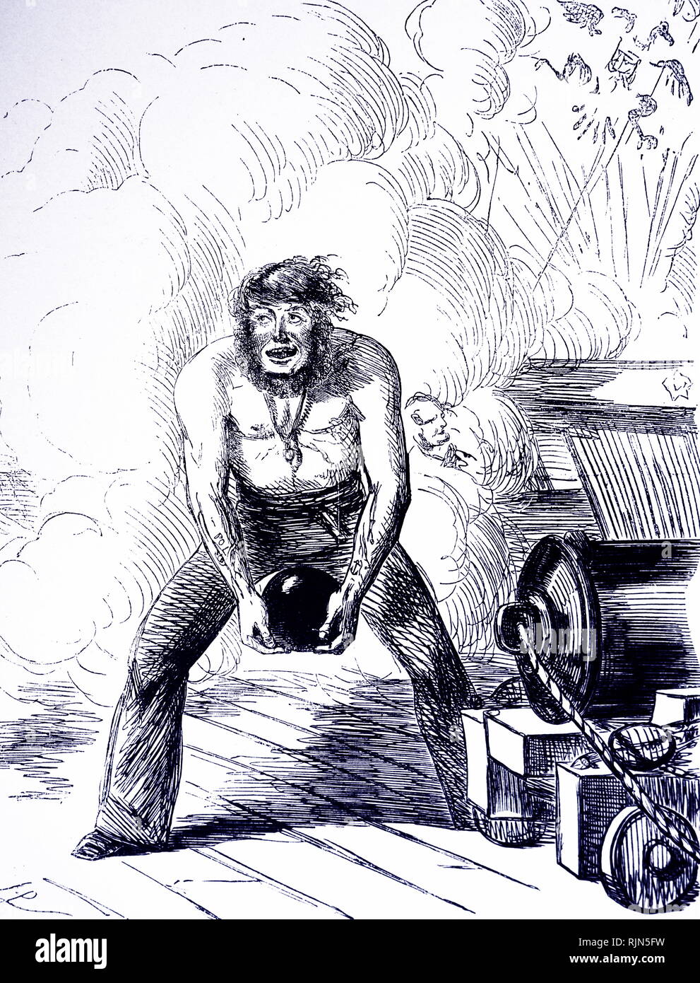 Guerre de Crimée caricature de John Leech, Punch, 1854, montrant un matelot qualifié dans la flotte de la Baltique britanniques désireux d'envoyer une série de tiré sur les Russes. À droite de l'image l'aigle à deux têtes, l'emblème de la Russie, est réduits en morceaux Banque D'Images