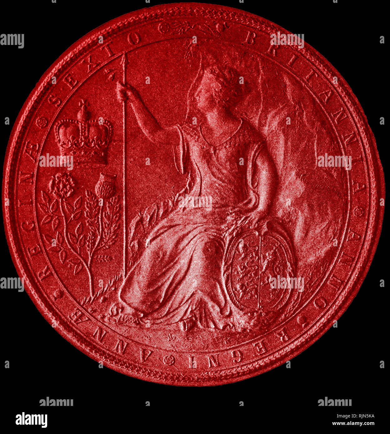 Illustration montrant le deuxième grand Sceau d'Anne, 1707, commémorant l'union avec l'Écosse. Banque D'Images