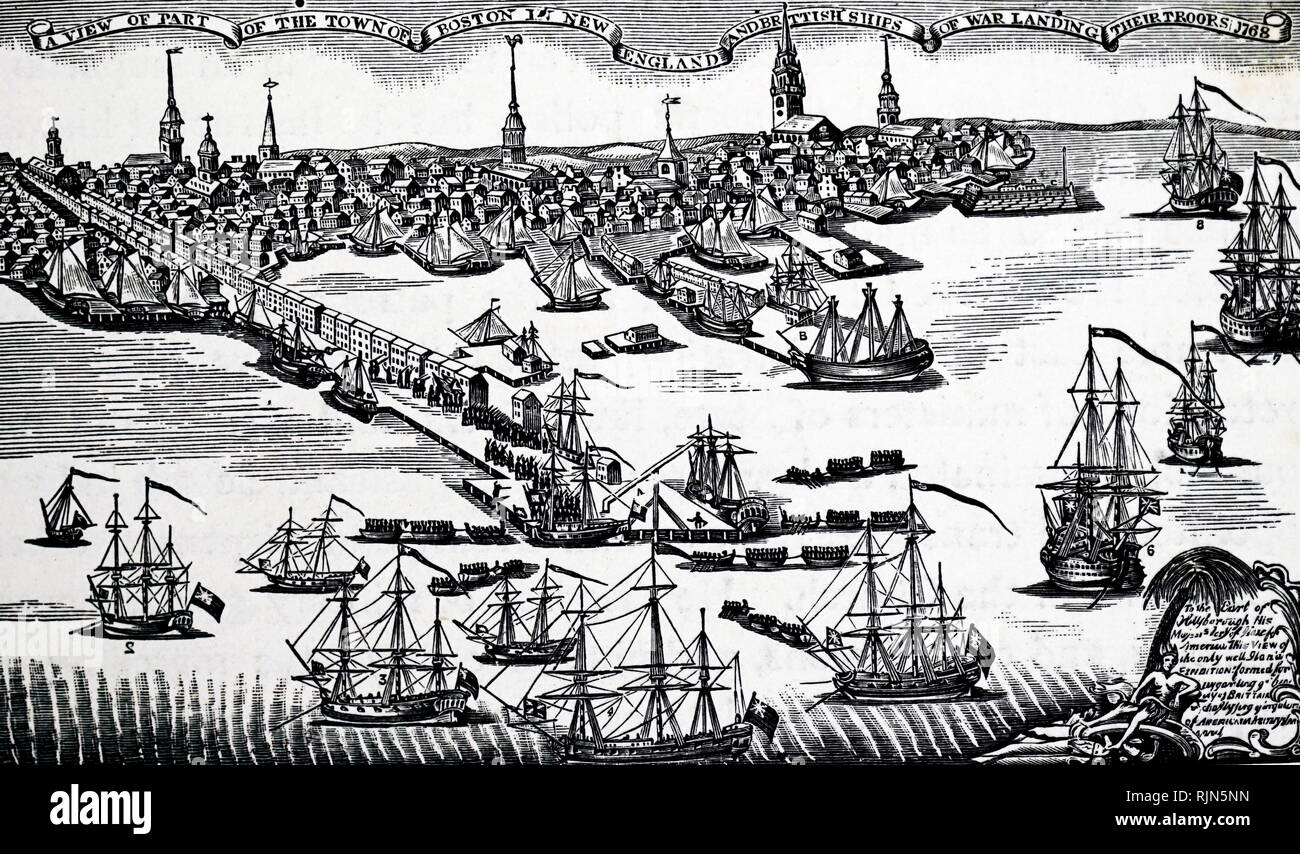 Illustration montrant le débarquement de troupes britanniques à Boston 1768. Banque D'Images
