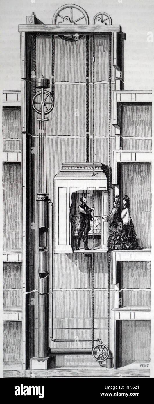 Illustration de l'ascenseur hydraulique avec mécanisme à corde en passant par voiture 1877 Banque D'Images